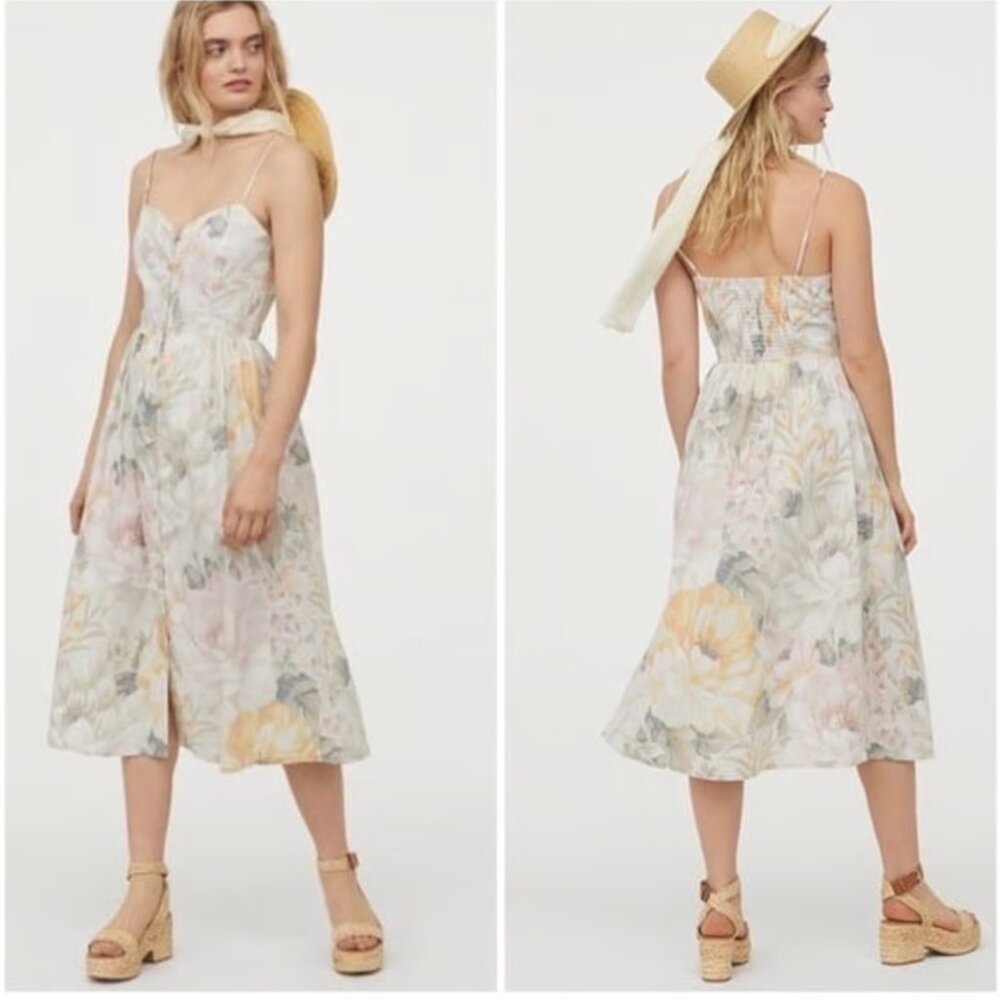 H&M Floral Linen Blend Midi Dress Size Small